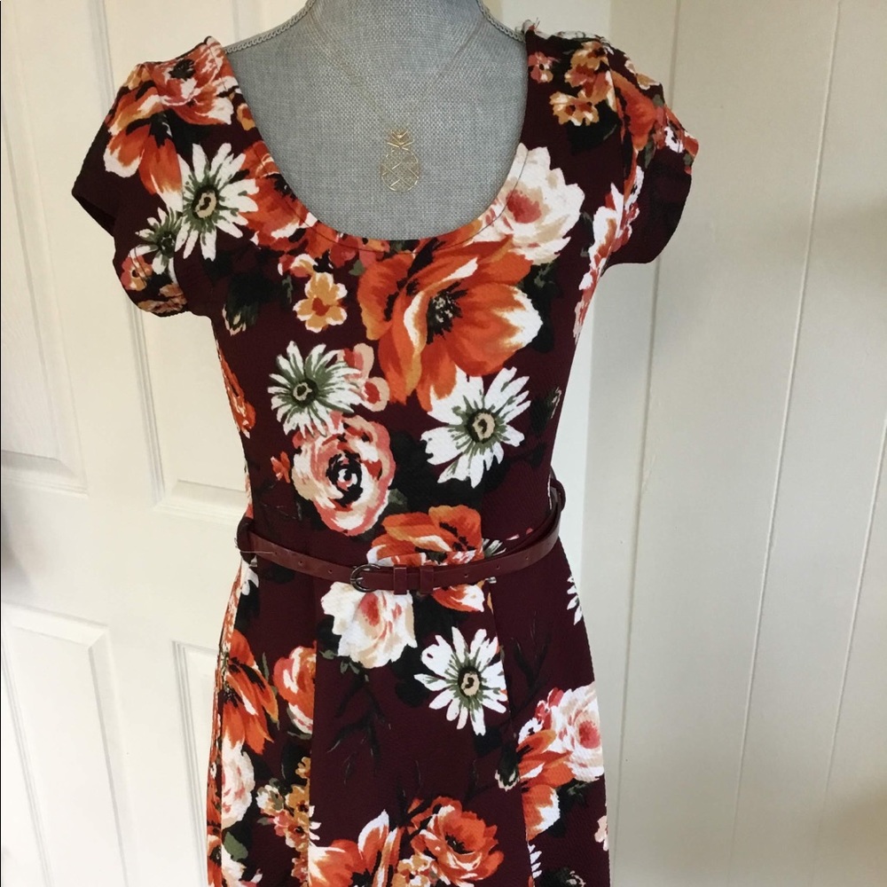 Floral dress with belt.